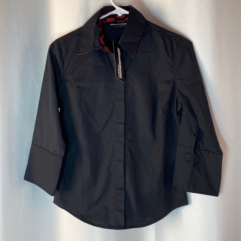 Ladies Black Full Button up Dress Shirt with accent cuffs